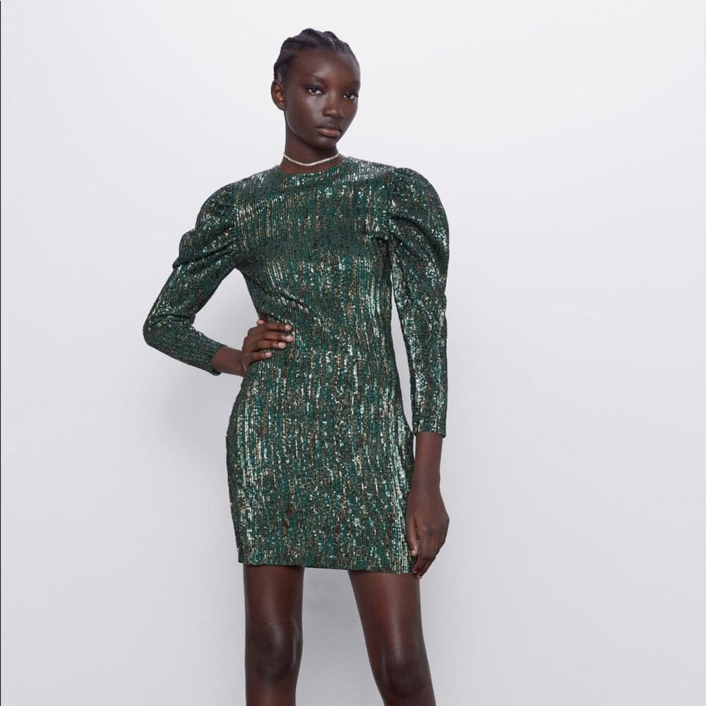 Zara Limited Edition Sequins Green Emerald Dress Size S Party NYE Formal Guest